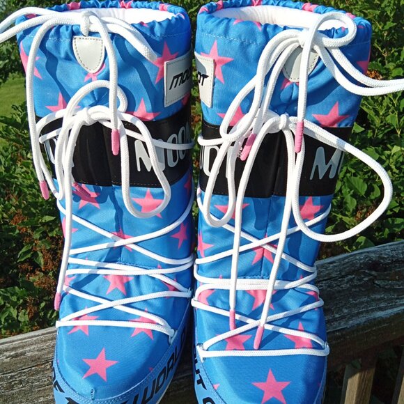 Moon Boot Retro Biker Pink Stars on Blue 35/38,US Ladies 4  5, 6, 7 - Picture 1 of 11